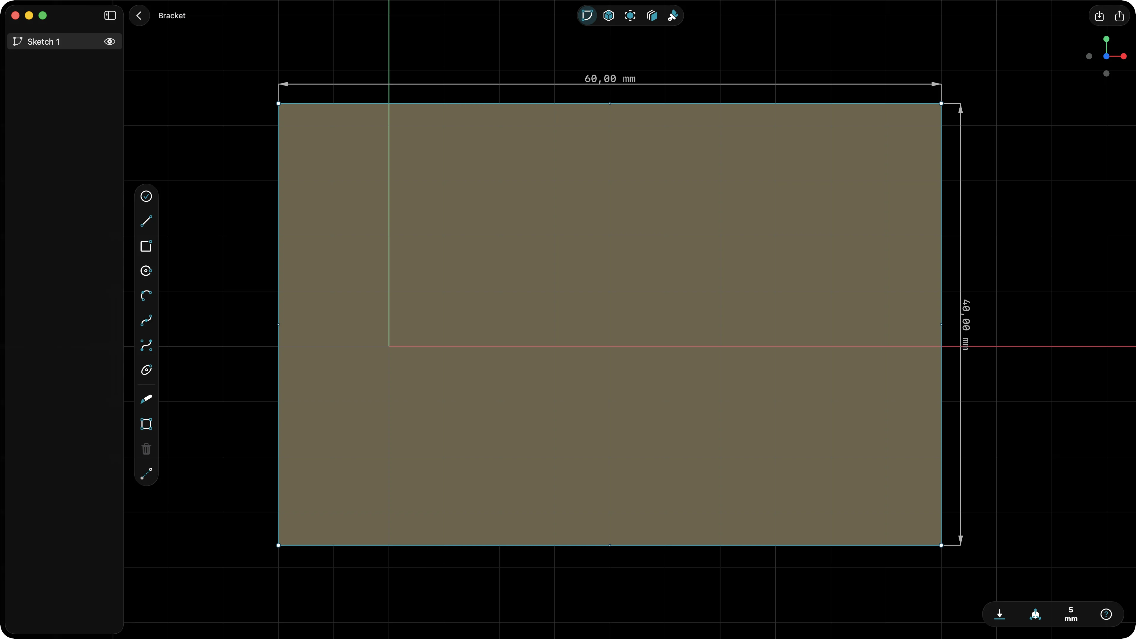 Initial 60 by 40 mm rectangle sketch in PixyCAD